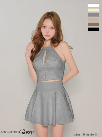 キャバドレス Glossy by ROBE de FLEURS グロッシー ツイル セットアップ モード ホルターネック ジップデザイン チェック柄 レース フレアミニドレス