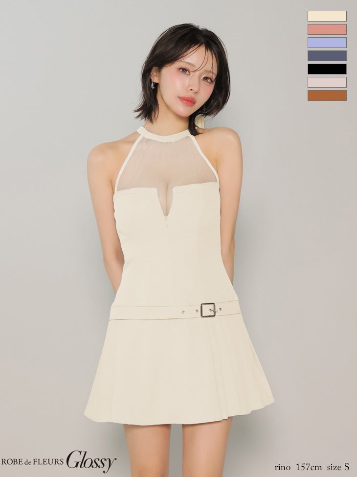 キャバドレス Glossy ROBE de FLEURS グロッシー ローブドフルール  ホルターネック ジップデザイン プリーツスカート シアー チュールデザイン フレアミニドレス