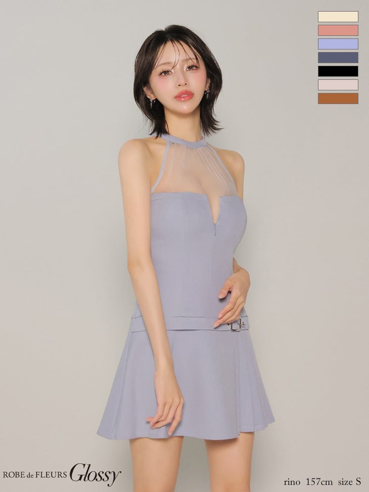 キャバドレス Glossy ROBE de FLEURS グロッシー ローブドフルール シアー ホルターネック プリーツスカート ジップデザイン チュールデザイン フレアミニドレス 