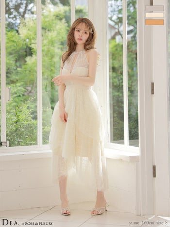 キャバドレス DEA. ROBE de FLEURS ディア ローブドフルール ボウタイ ティアード ホルターネック プリーツ シアー Aラインロングドレス 