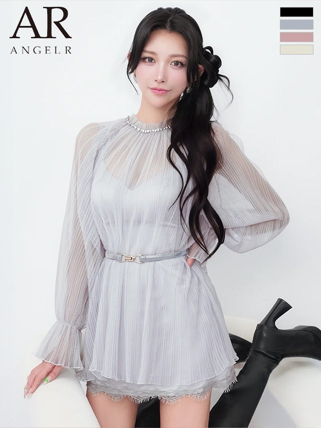 キャバドレス Angel R エンジェルアール 長袖 ネックビジュー プリーツチュール ベルト シフォン レース フレアミニドレス