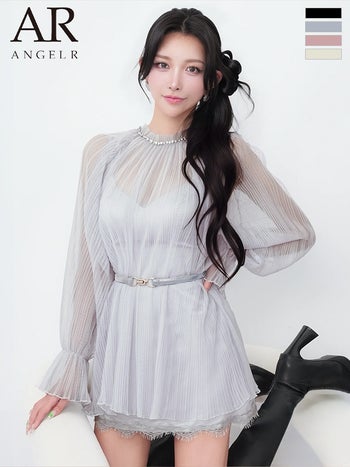 キャバドレス Angel R エンジェルアール 長袖 ネックビジュー プリーツチュール ベルト シフォン レース フレアミニドレス