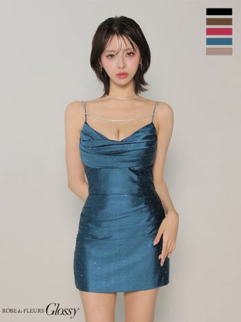 キャバドレス Glossy ROBE de FLEURS グロッシー ローブドフルール セットアップ ストーン チェーンストラップ キャミソール ドレープ サテン タイトミニドレス