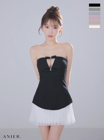 キャバドレス ANIER. アニエル ビジューリボン ベアトップ バストカット シフォンプリーツ ドッキング フレアミニドレス