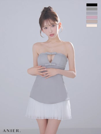 キャバドレス ANIER. アニエル バストカット ビジューリボン ベアトップ シフォンプリーツ ドッキング フレアミニドレス