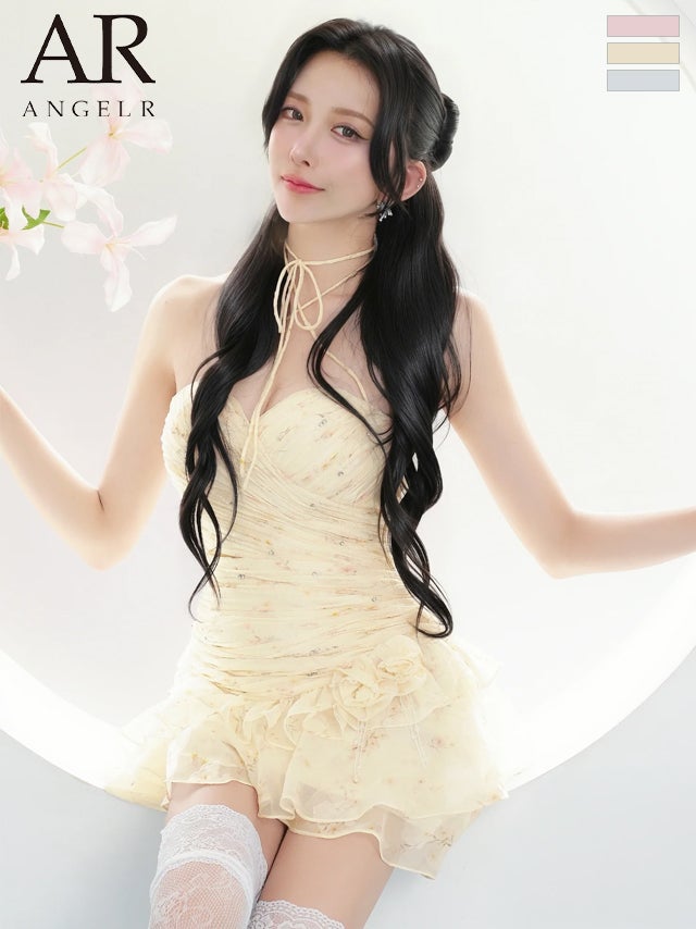 キャバドレス Angel R エンジェルアール 2way ホルターネック ベアトップ ドレープ シャーリング ウエストカット ラメ フリル 花柄 フレアミニドレス