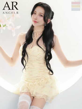 キャバドレス Angel R エンジェルアール 2way ホルターネック ベアトップ ドレープ シャーリング ウエストカット ラメ フリル 花柄 フレアミニドレス