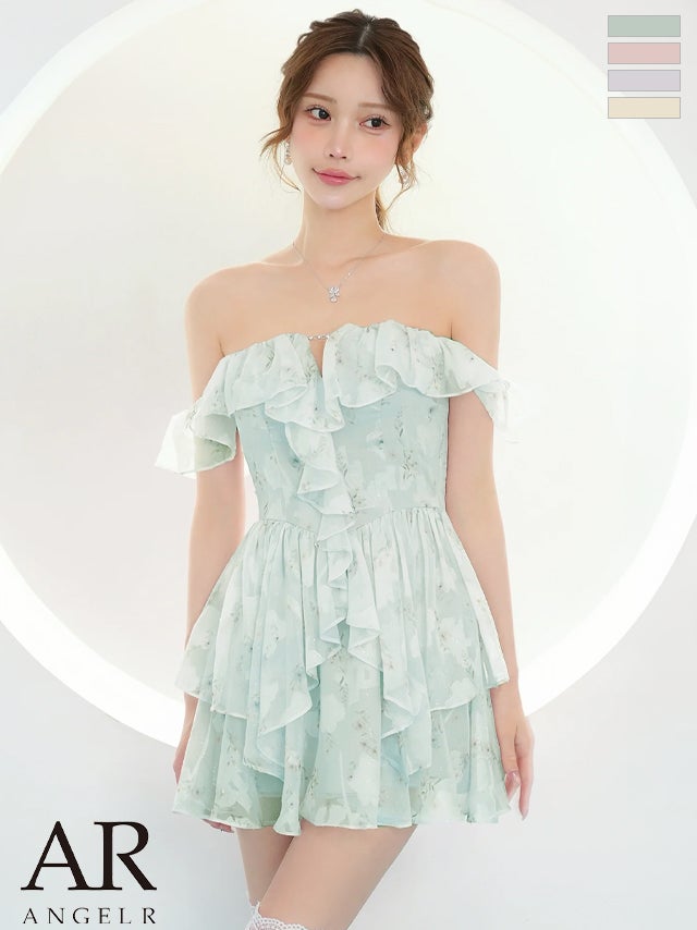 キャバドレス Angel R エンジェルアール オフショルダー 肩あき バストカット ラメ フリル 花柄 2way フレアミニドレス