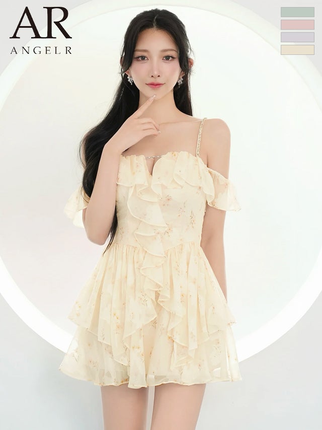 キャバドレス Angel R エンジェルアール 肩あき バストカット ラメ フリル 花柄 2way オフショルダー フレアミニドレス