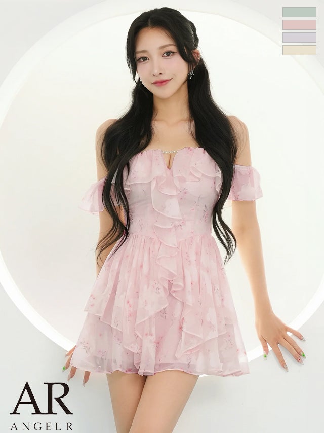 キャバドレス Angel R エンジェルアール バストカット ラメ フリル 花柄 2way オフショルダー 肩あき フレアミニドレス