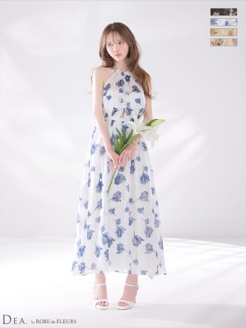 キャバドレス DEA.by ROBE de FLEURS ディア シフォン サテン 花柄 フラワージャガード シフォン バックオープン ホルターネック Aラインロングドレス