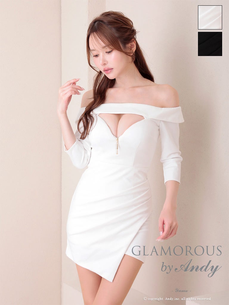 キャバドレス GLAMOROUS グラマラス オフショルダー バストカット ジップデザイン アシンメトリー 袖あり タイトミニドレス