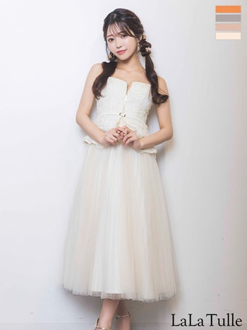 キャバドレス DEA. ROBE de FLEURS ディア ローブドフルール フラワーレース キャミソール ベルトデザイン チュール ペプラム Aラインロングドレス