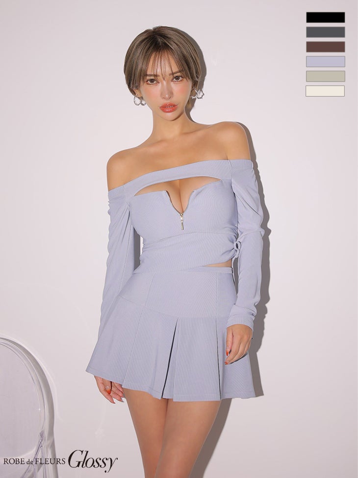キャバドレス Glossy by ROBE de FLEURS グロッシー オフショルダー 長袖 セットアップ リブ プリーツスカート ジップデザイン バストカット フレアミニドレス
