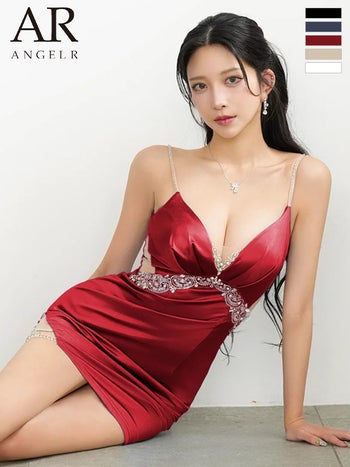 キャバドレス Angel R エンジェルアール Vカット ビジュー くびれ透け キャミソール パール サテン アシンメトリー タイトミニドレス