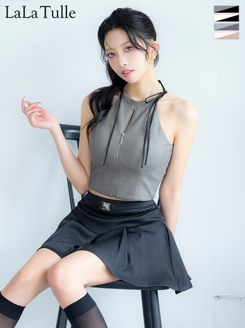 キャバドレス Glossy ROBE de FLEURS グロッシー ローブドフルール セットアップ リボン バックルベルト リブ ノースリーブ ジップデザイン フレアミニドレス