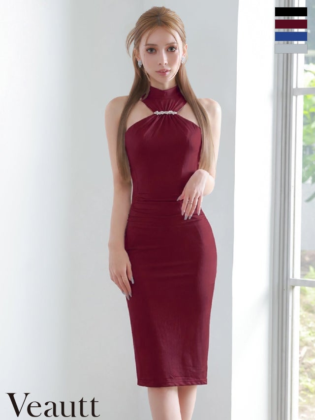 キャバドレス Veautt ヴュート ビジュー タック アメリカンスリーブ ハイネック ギャザー タイト 膝丈ドレス