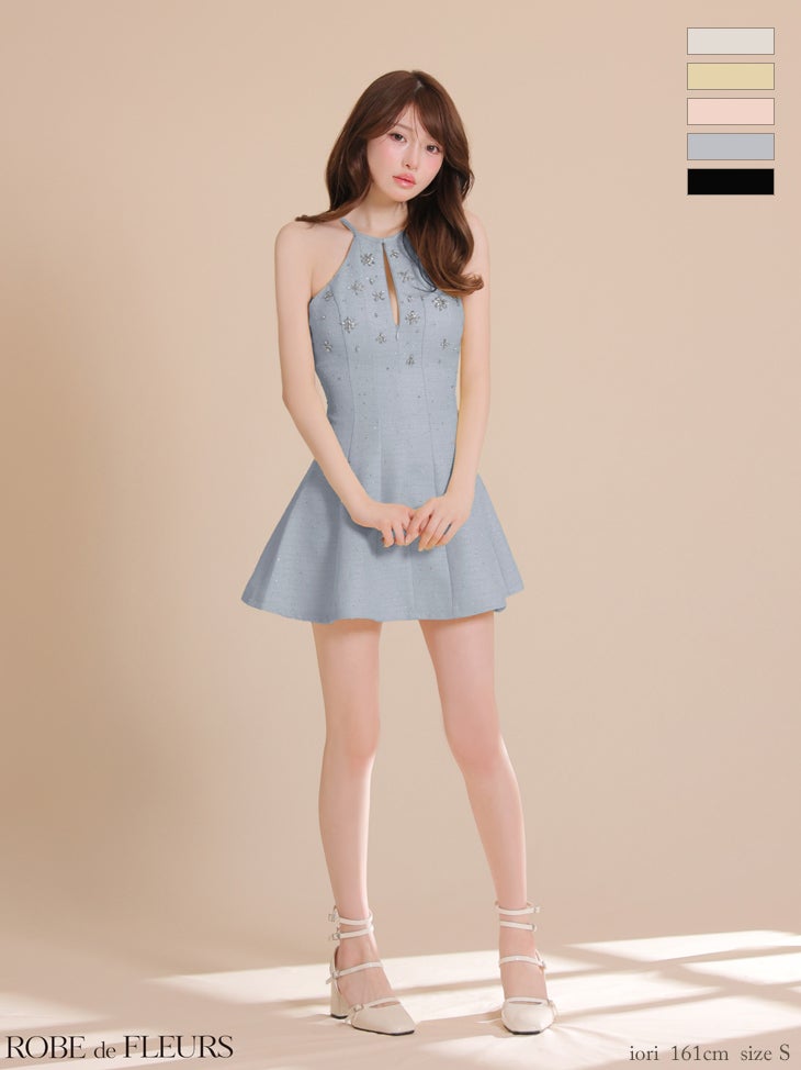 ROBE de FLEURS 襟袖ラメツイルフレアミニキャバドレス美品 XSサイズ
