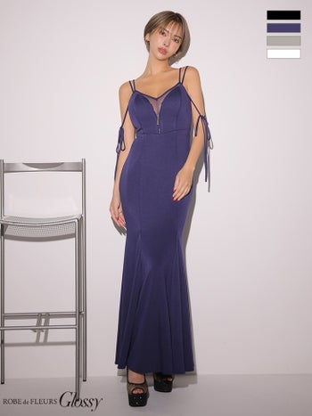 キャバドレス Glossy by ROBE de FLEURS グロッシー シアーチュール キャミソール リボン 2way ジップデザイン マーメイドロングドレス