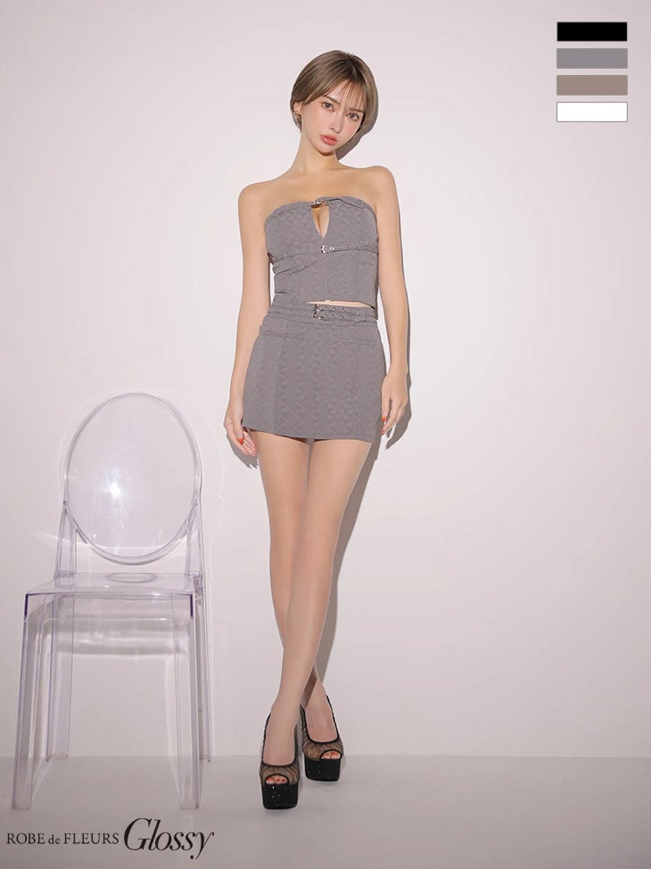 キャバドレス Glossy ROBE de FLEURS グロッシー　ローブドフルール ベルトデザイン ベアトップ 格子柄 ジャガード セットアップ タイトミニドレス