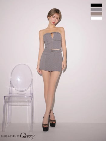キャバドレス Glossy ROBE de FLEURS グロッシー　ローブドフルール ベルトデザイン ベアトップ 格子柄 ジャガード セットアップ タイトミニドレス