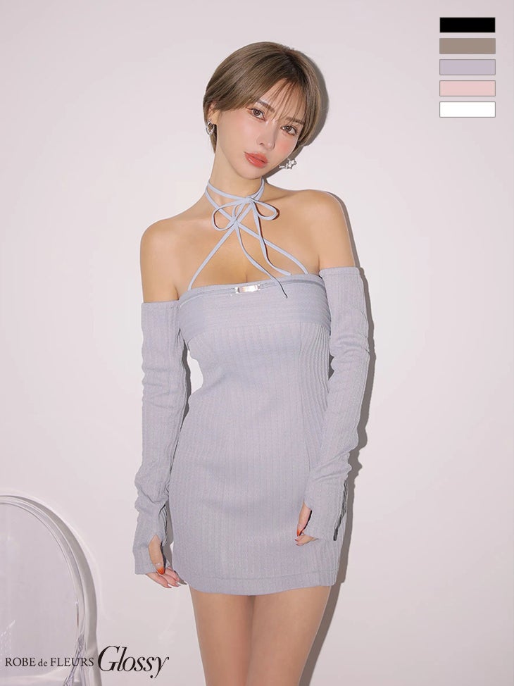 キャバドレス Glossy ROBE de FLEURS グロッシー ローブドフルール リブニット 3way クロスネック ベアトップ クロシェ アームウォーマー 長袖 タイトミニドレス 