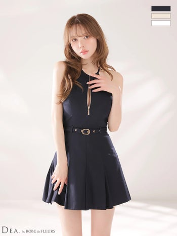 キャバドレス DEA. ROBE de FLEURS ディア ローブドフルール ウエストベルト ジップデザイン ホルターネック プリーツ フレアミニドレス