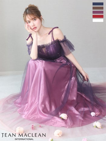 キャバドレス JEANMACLEAN ジャンマクレーン キャミソール チュール グラデーション 2way パフスリーブ プリーツ ビジュー Aラインロングドレス