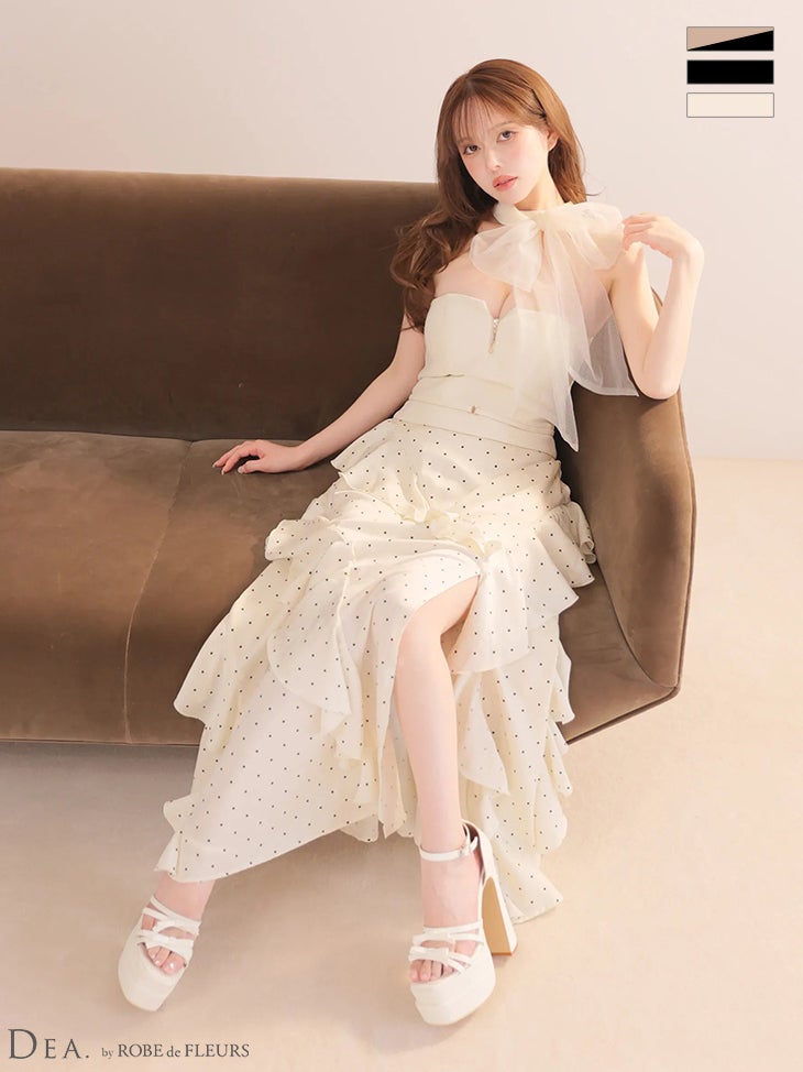 キャバドレス DEA.by ROBE de FLEURS ディア ローブドフルール チョーカー風 ネックリボン ジップデザイン ドット柄 サテン ベルト アシンメトリー ティアードフリル Aラインロングドレス