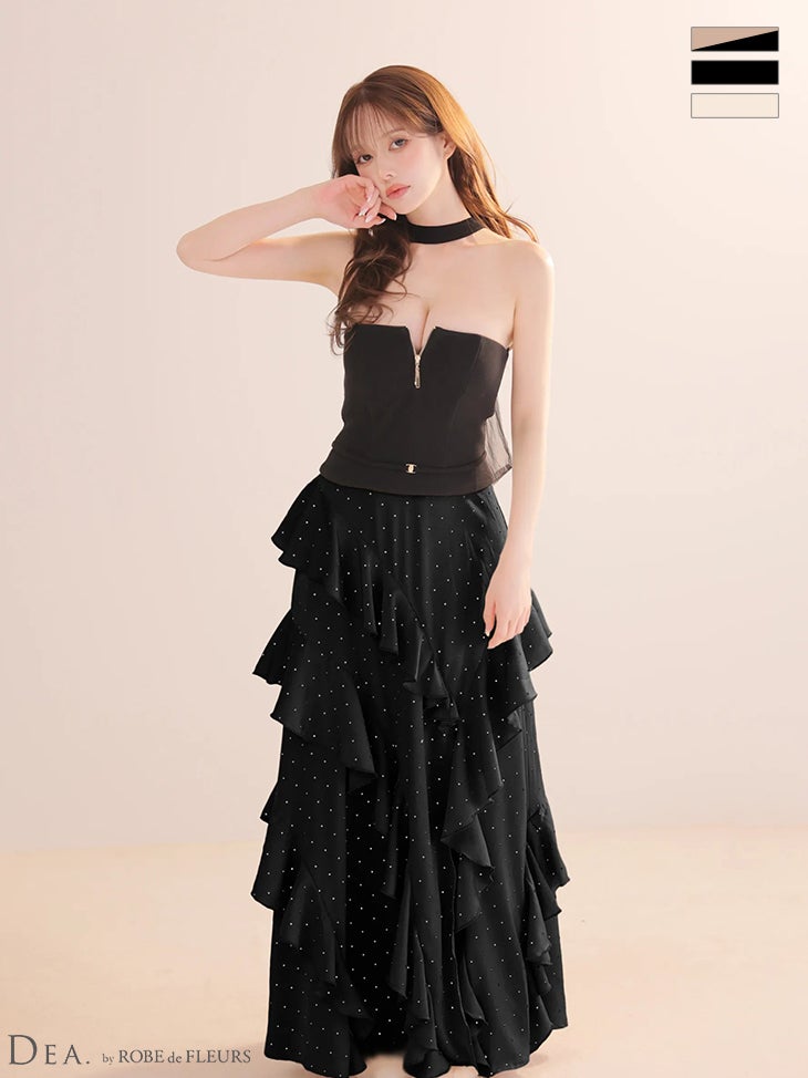 キャバドレス DEA.by ROBE de FLEURS ディア ローブドフルール ジップデザイン ドット柄 サテン チョーカー風 ネックリボン ベルト アシンメトリー ティアードフリル スリット Aラインロングドレス