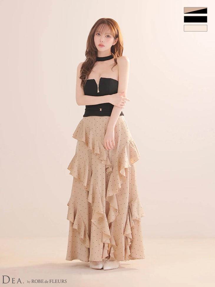 キャバドレス DEA.by ROBE de FLEURS ディア ローブドフルール バイカラー アシンメトリー ティアードフリル スリット ジップデザイン ドット柄 サテン チョーカー風 ネックリボン ベルト Aラインロングドレス
