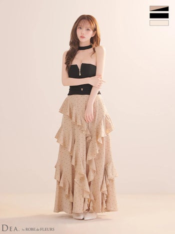 キャバドレス DEA.by ROBE de FLEURS ディア ローブドフルール バイカラー アシンメトリー ティアードフリル スリット ジップデザイン ドット柄 サテン チョーカー風 ネックリボン ベルト Aラインロングドレス