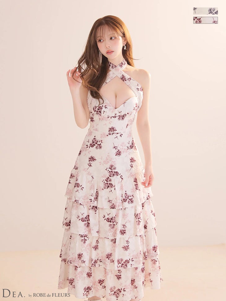 キャバドレス DEA. ROBE de FLEURS ディア ローブドフルール フラワージャガード ティアード ホルターネック Aラインロングドレス 