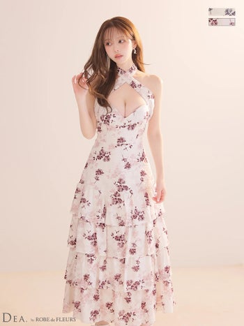 キャバドレス DEA. ROBE de FLEURS ディア ローブドフルール フラワージャガード ティアード ホルターネック Aラインロングドレス 