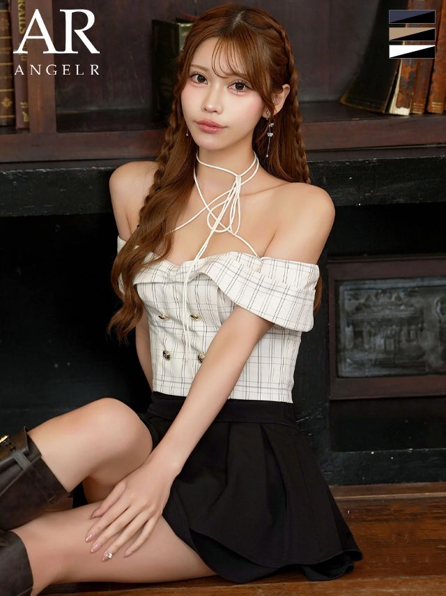 キャバドレス Angel R エンジェルアール 2way ホルターネック オフショルダー ボタン セットアップ チェック柄 バイカラー フレアミニドレス