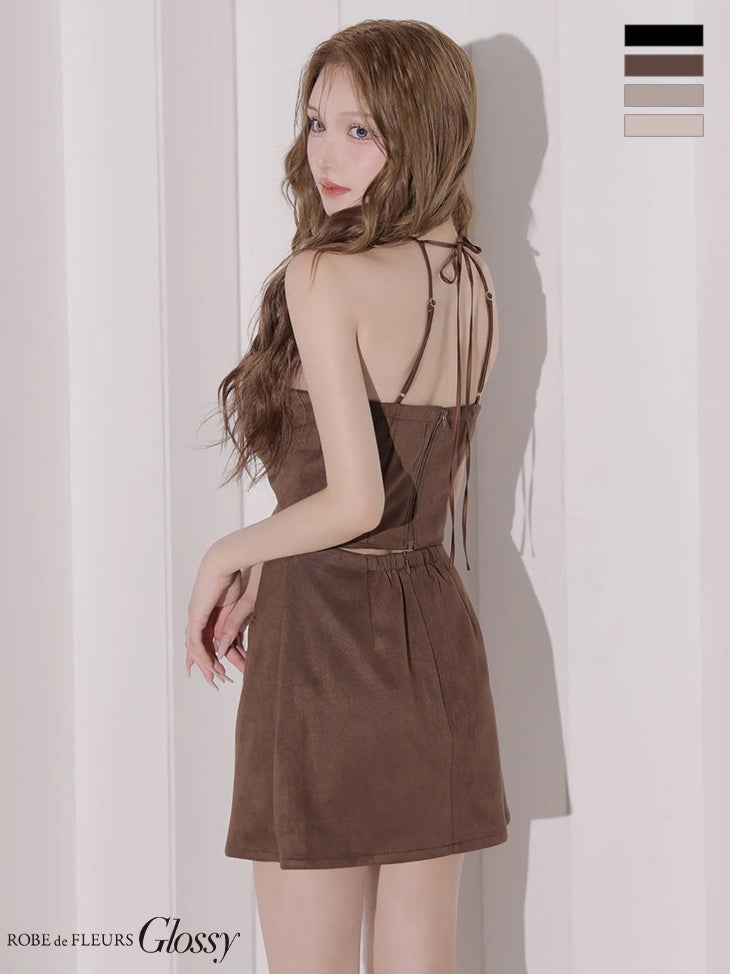 キャバドレス Glossy by ROBE de FLEURS グロッシー ローブドフルール アイラッシュレース ホルターネック スエード ビスチェ風 セットアップ タイトミニドレス