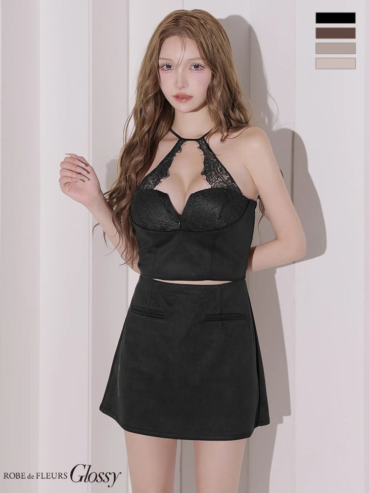 キャバドレス Glossy by ROBE de FLEURS グロッシー セットアップ スエード ビスチェ風 アイラッシュレース ホルターネック スエード ビスチェ風 タイトミニドレス