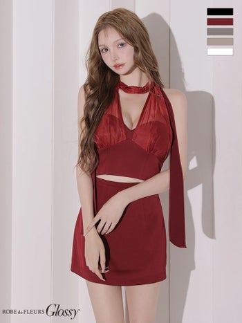 キャバドレス Glossy by ROBE de FLEURS グロッシー バックリボン シフォン サテン セットアップ ホルターネック タイトミニドレス