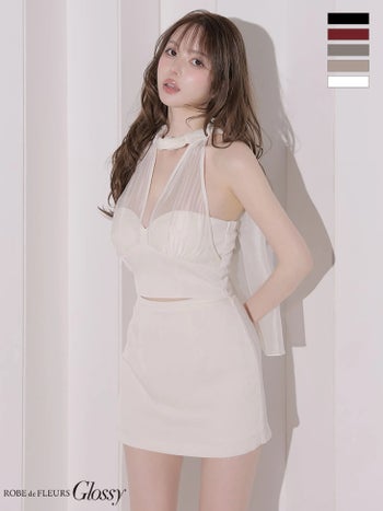 キャバドレス Glossy by ROBE de FLEURS グロッシー シフォン サテン セットアップ ホルターネック バックリボン タイトミニドレス