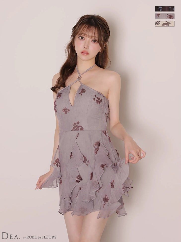 キャバドレス DEA.by ROBE de FLEURS ディア サテン シフォン 花柄 ホルターネック オープンバスト フレアミニドレス