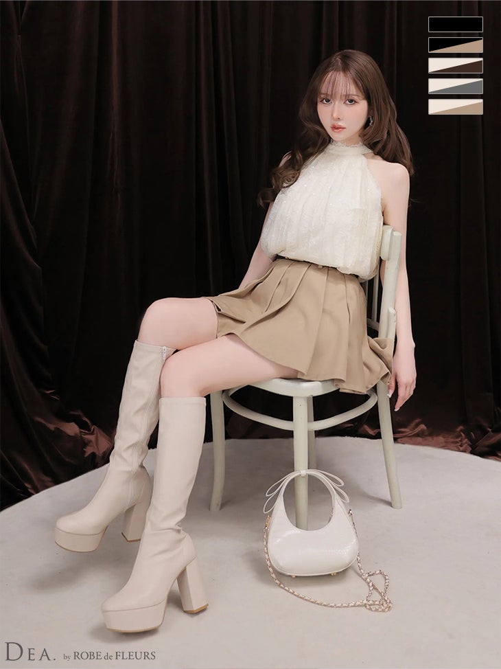 キャバドレス DEA.by ROBE de FLEURS ディア ホルターネック スパンコールレース ベルト プリーツ セットアップ フレアミニドレス
