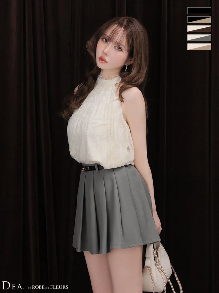 キャバドレス DEA.by ROBE de FLEURS ディア プリーツ セットアップ ホルターネック スパンコールレース ベルト フレアミニドレス