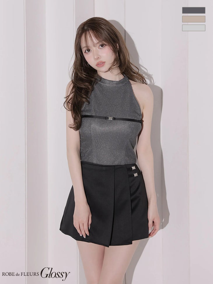 キャバドレス Glossy ROBE de FLEURS グロッシー ローブドフルール プリーツ セットアップ ホルターネック ラメニット フレアミニドレス 