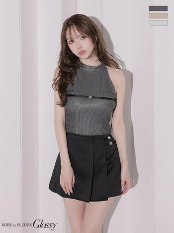 キャバドレス Glossy ROBE de FLEURS グロッシー ローブドフルール プリーツ セットアップ ホルターネック ラメニット フレアミニドレス 