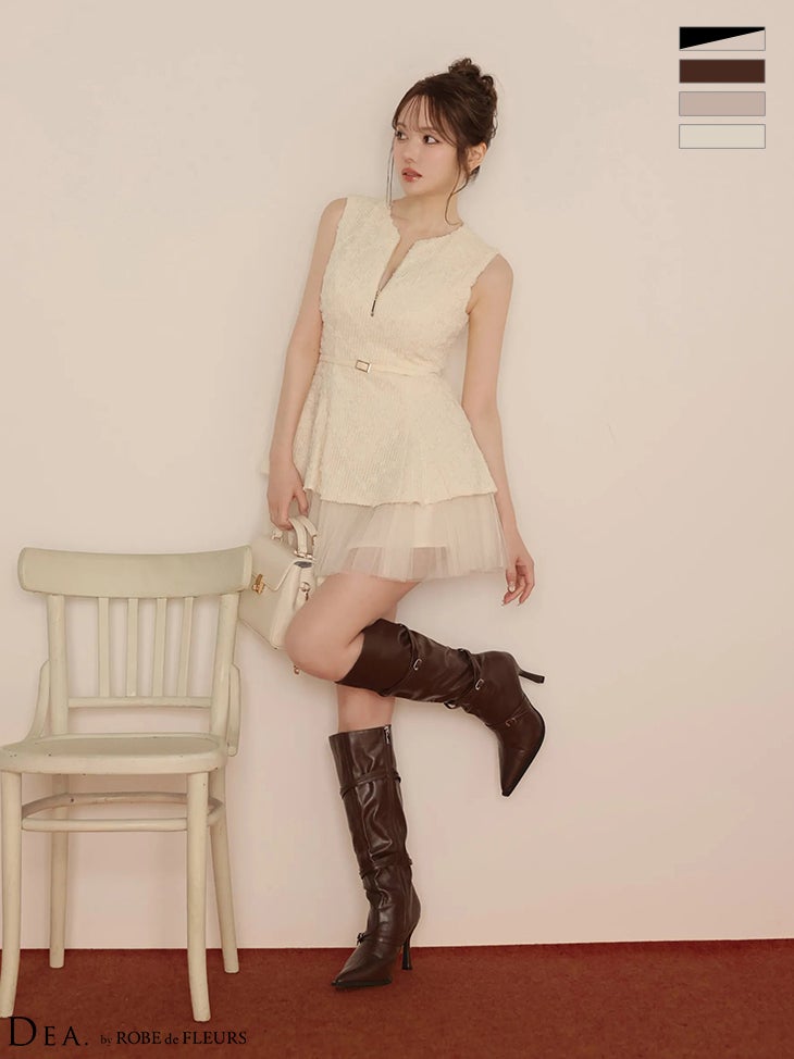 キャバドレス DEA.by ROBE de FLEURS ディア ノースリーブ ジップデザイン ぺプラム ベルトデザイン レース ツイル チェック柄 フレアミニドレス