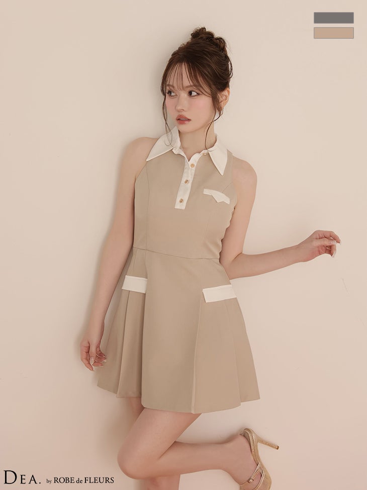 キャバドレス DEA. ROBE de FLEURS ディア ローブドフルール 襟付き ノースリーブ ボックスプリーツ バイカラー フレアミニドレス 