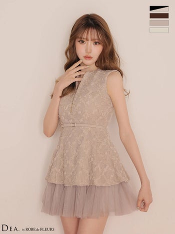 キャバドレス DEA.by ROBE de FLEURS ディア ぺプラム ベルトデザイン レース ツイル チェック柄 ノースリーブ ジップデザイン フレアミニドレス