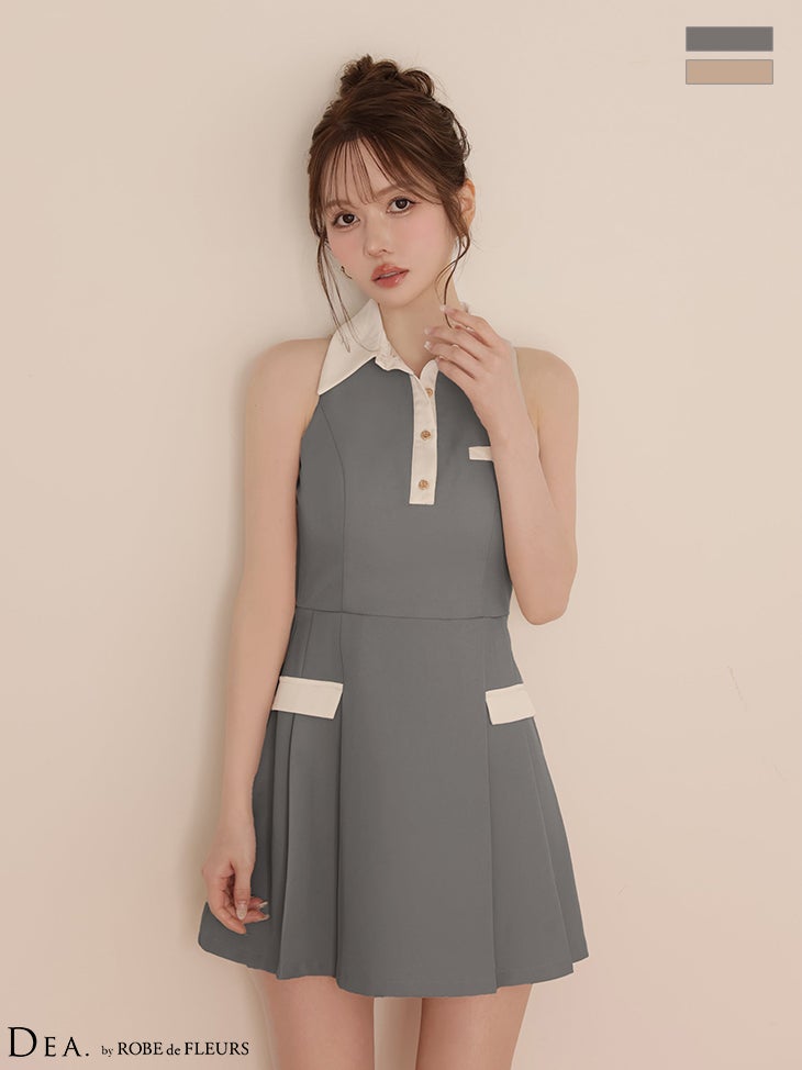 キャバドレス DEA. ROBE de FLEURS ディア ローブドフルール ボックスプリーツ バイカラー 襟付き ノースリーブ フレアミニドレス 