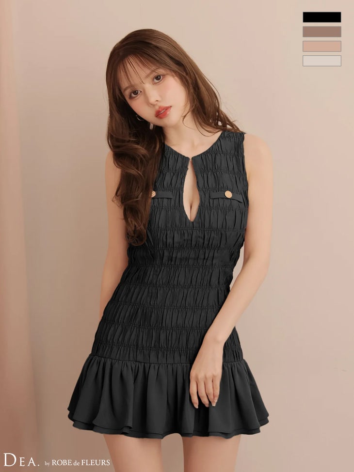 キャバドレス　DEA.　ROBE de FLEURS　ディア ローブドフルール ギャザー ツイルノースリーブ 裾フリル ゴールドボタン フレアミニドレス