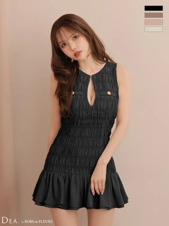 キャバドレス　DEA.　ROBE de FLEURS　ディア ローブドフルール ギャザー ツイルノースリーブ 裾フリル ゴールドボタン フレアミニドレス